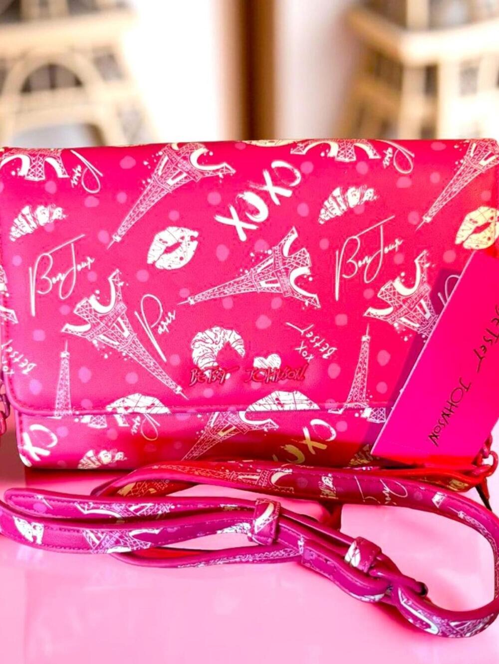Betsey Johnson Paris Eiffel Tower Pink Crossbody Flap Bag Kiss Lips XOXO NWT